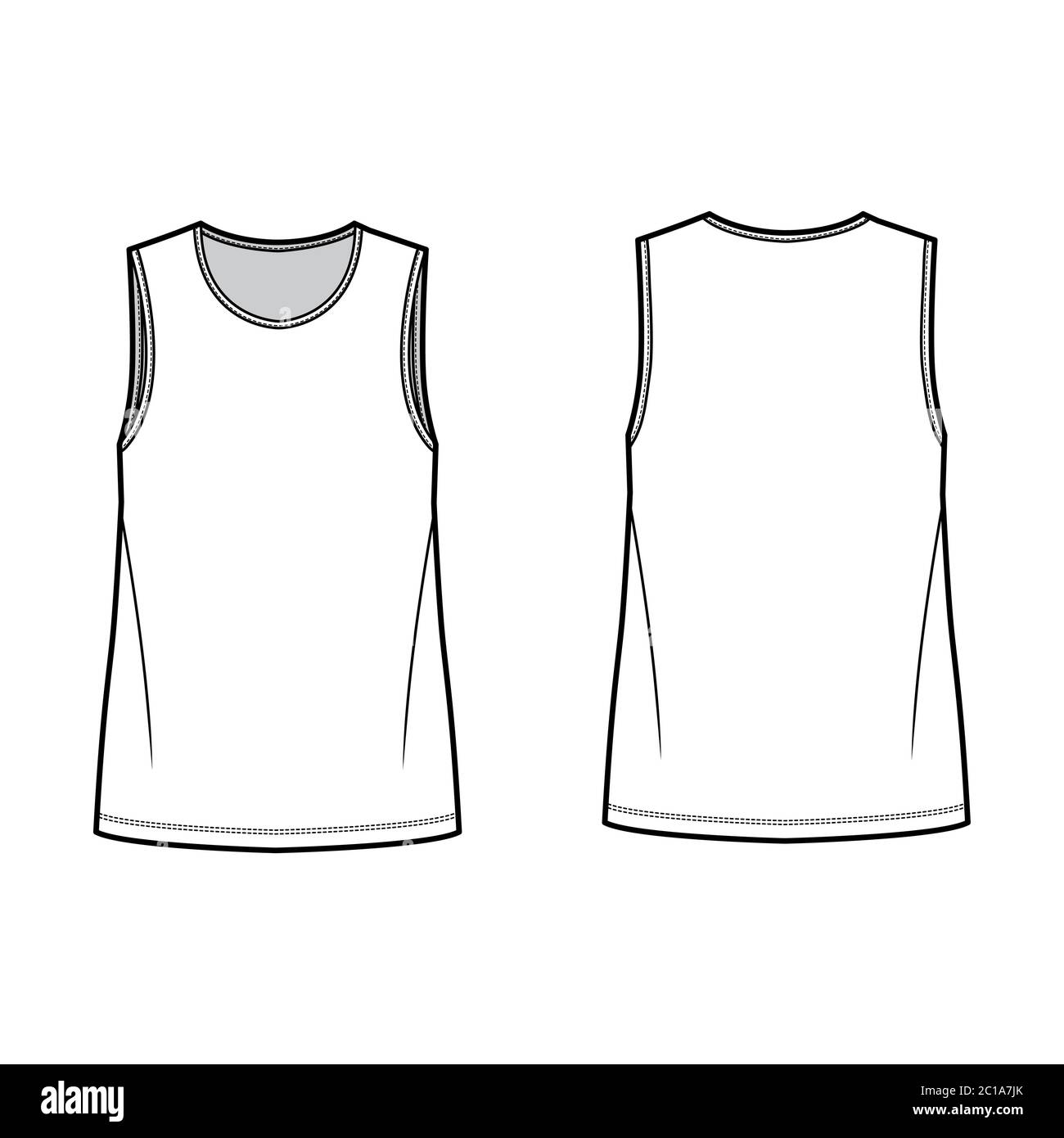 Download T Shirt Technical Fashion Illustration With Crew Neck Fitted Oversized Body Sleeveless Flat Style Apparel Template Front And Back White Color Women And Men Unisex Garment Mockup For Designer Stock Vector Image