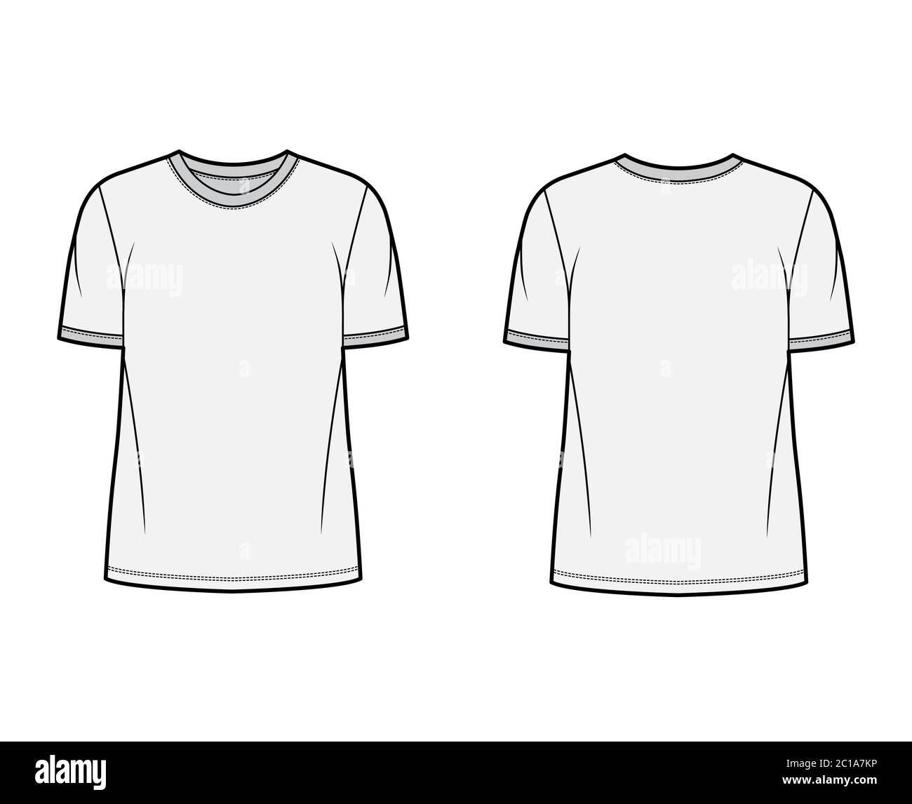Download T Shirt Technical Fashion Illustration With Crew Neck Fitted Oversized Body Short Sleeves Flat Style Apparel Template Front And Back Grey Color Women And Men Unisex Garment Mockup For Designer Stock Vector Image