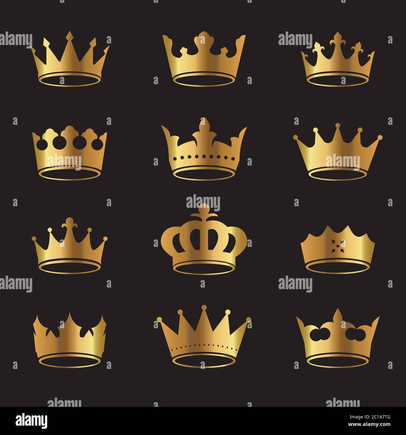 Set Of Golden Vector King Crowns And Icon On Black Background Vector