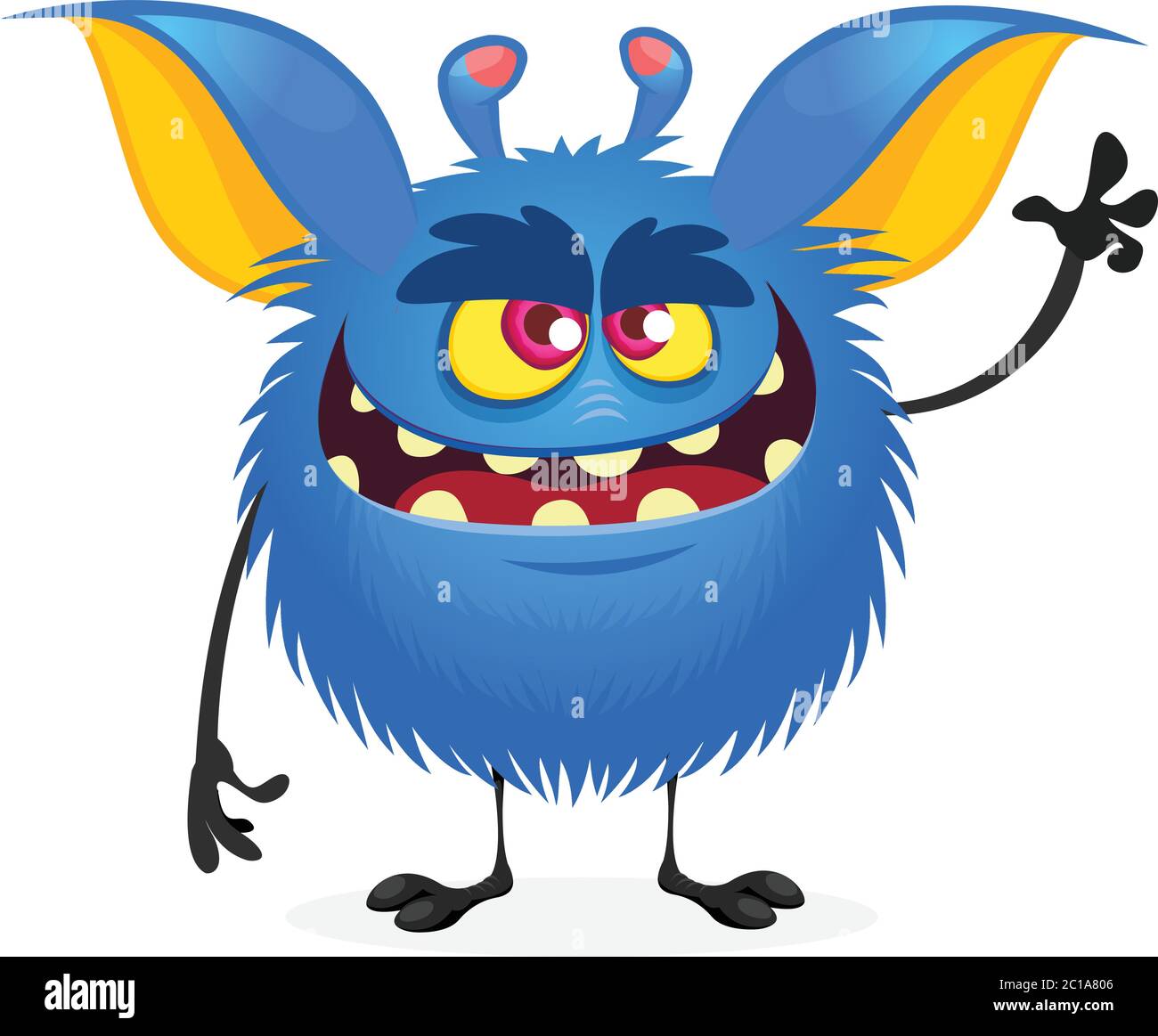 Scary cartoon monster gremlin with a big mouth waving hand. Halloween vector illustration Stock Vector