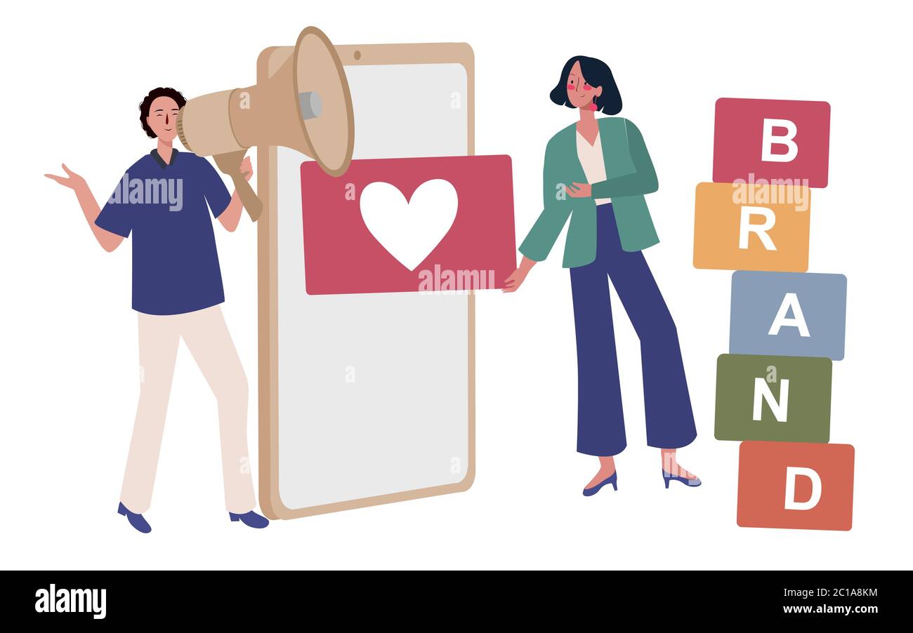 brand building social media online. Men speak using megaphones to ...