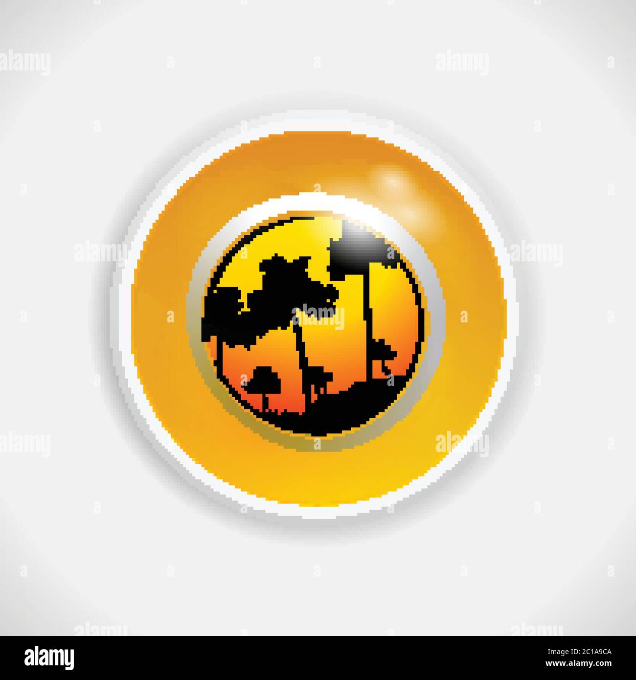 3D Illustration Of A Yellow Bingo Lottery Ball With Tropical Summer Scene Of Palm Trees Silhouette Instead Of The Number Over White Background Stock Vector