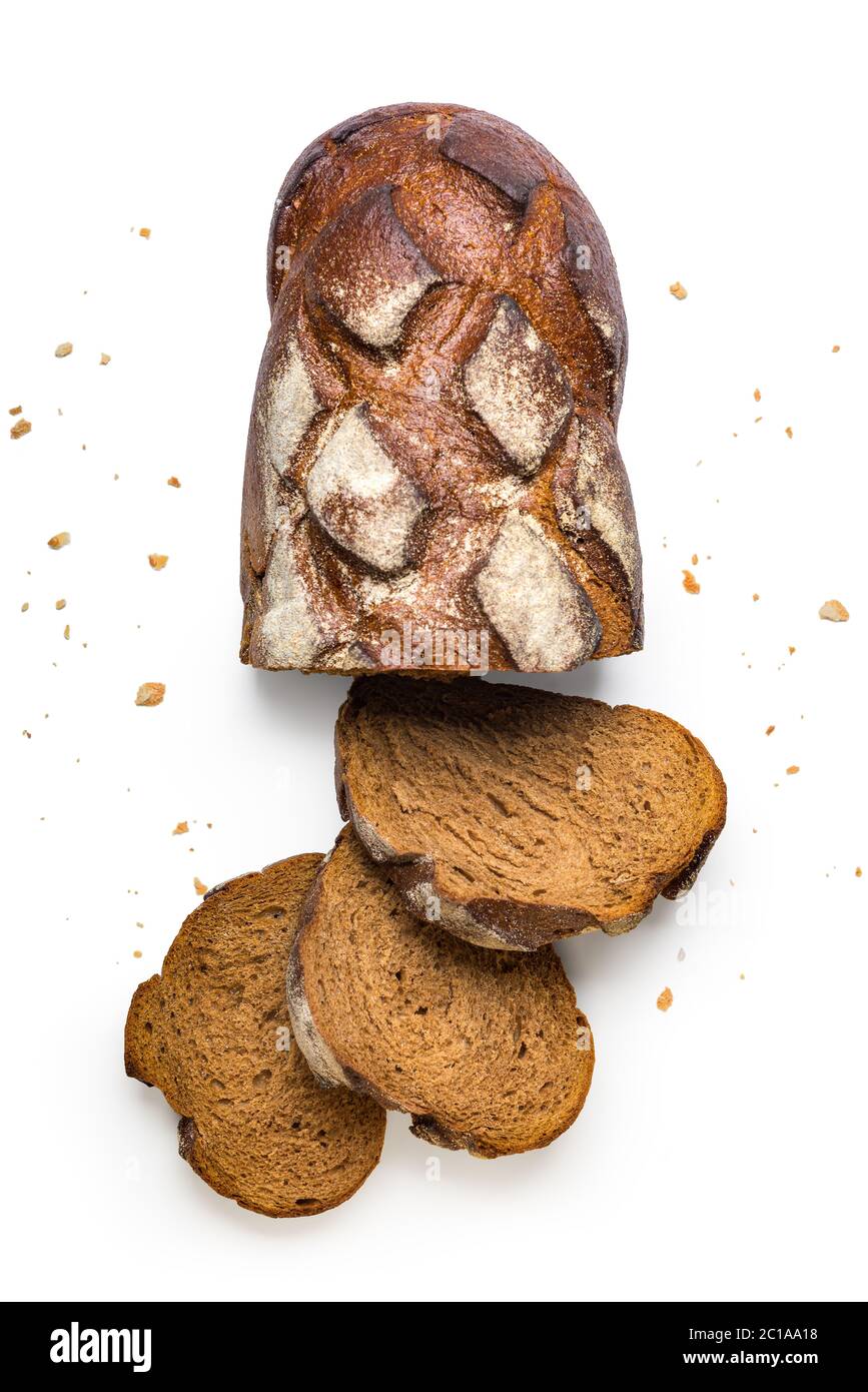 Sliced brown bread and crumbs isolated on a white background Stock ...