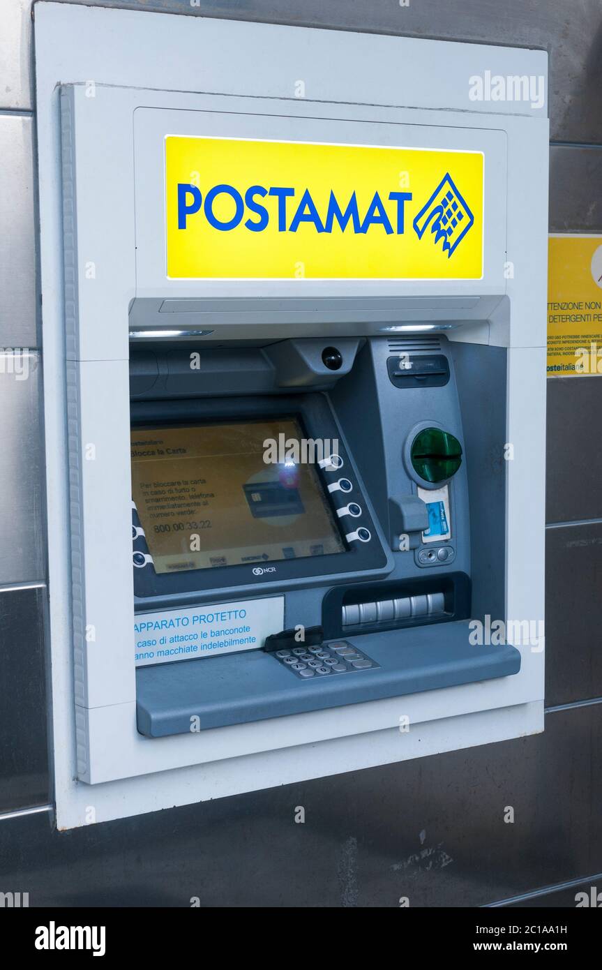 Carrara, Italy - June 15, 2020 - A Postamat cash machine (ATM machine) outiside a postal office in Italy Stock Photo