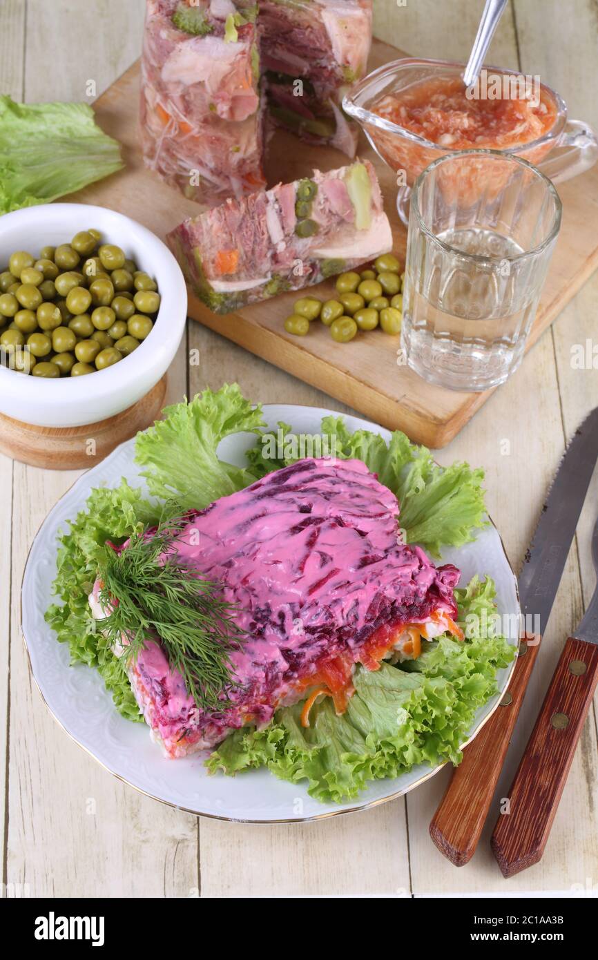 Salad Herring under a fur coat and jelly Stock Photo Alamy