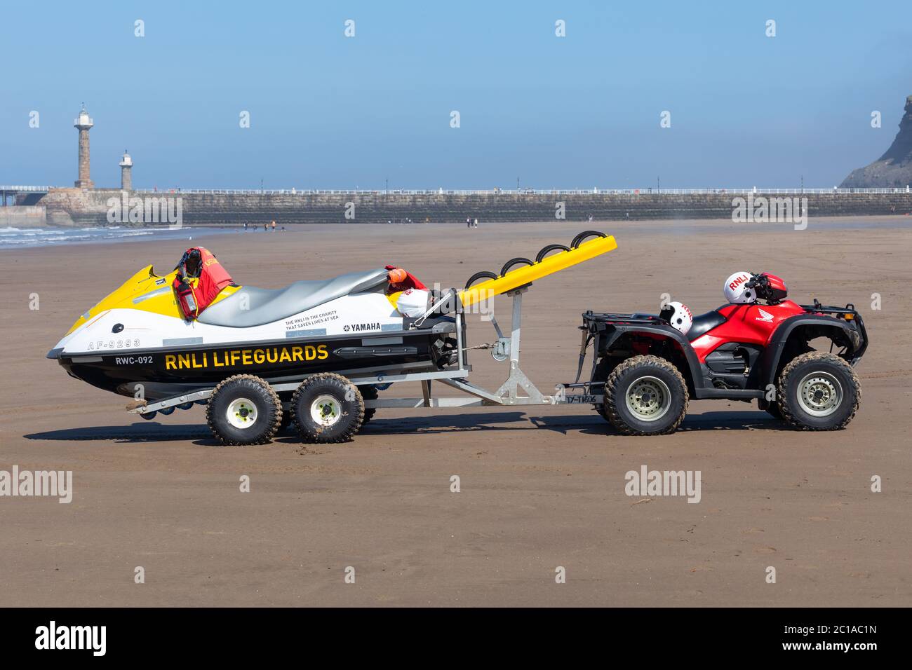 The RNLI patrolling the beach at Whitby, England. Stock Photo