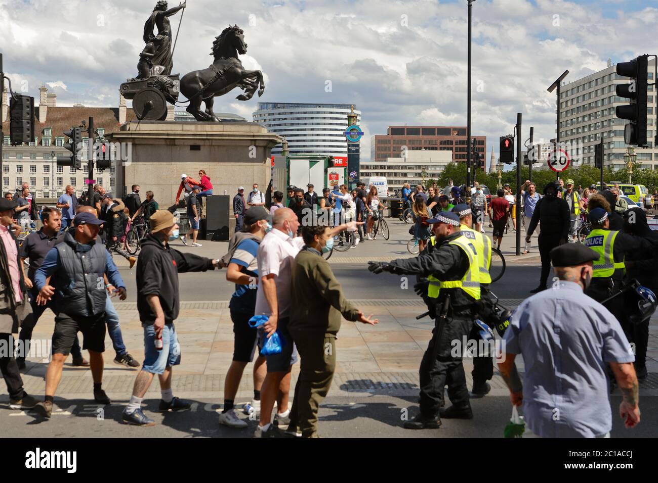 UK Capital: Scenes of violence hit London as the far-right rally, insouciantly to 'protect its statues' amid the ongoing Black Lives Matter campaign Stock Photo