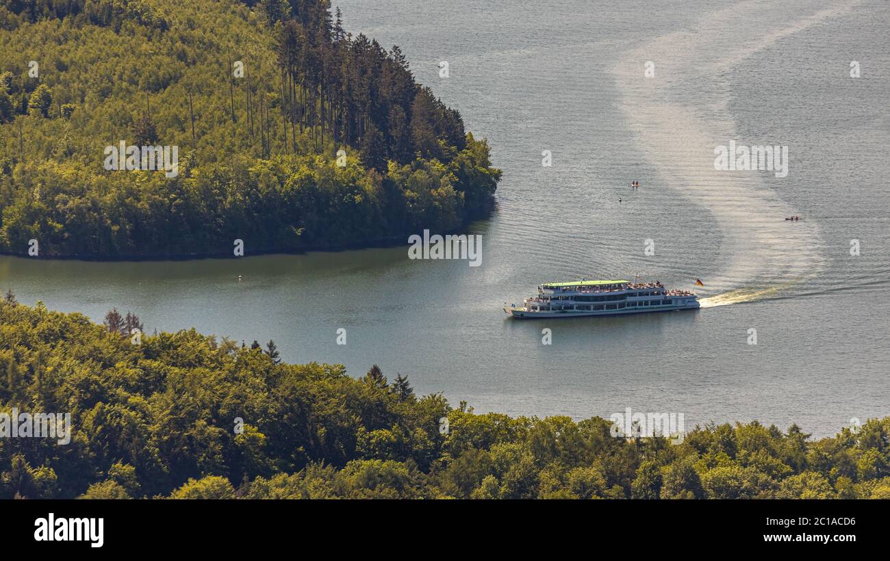 aerial photograph, excursion ship on the Bigge reservoir, Attendorn, Sauerland, North Rhine-Westphalia, Germany, excursions, excursion ship, Lake Bigg Stock Photo