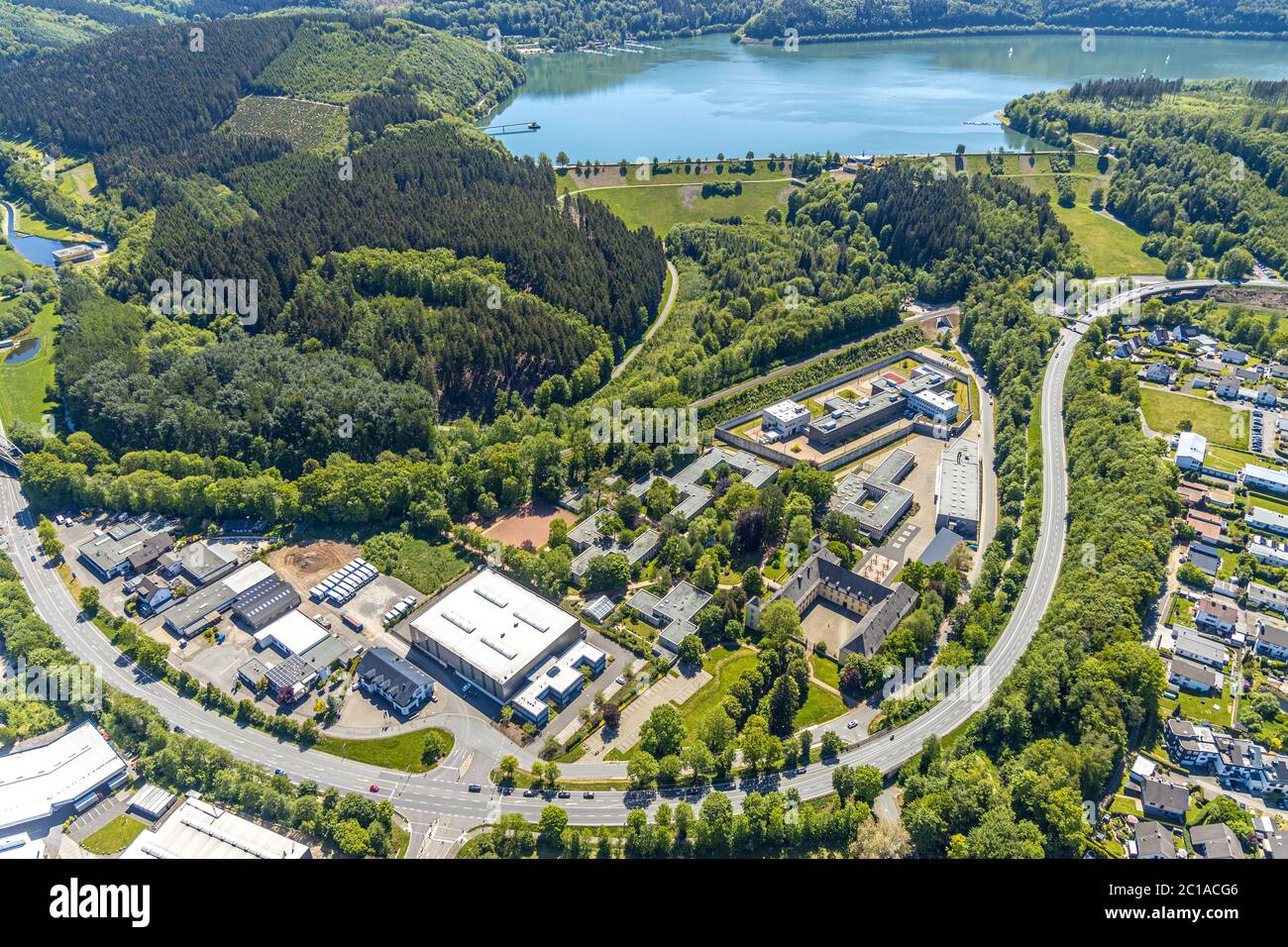 Aerial photo, Attendorn Prison, Attendorn, Sauerland, North Rhine-Westphalia, Germany, Arrest, Biggetalsperre, DE, Europe, Imprisonment, Imprisonment, Stock Photo