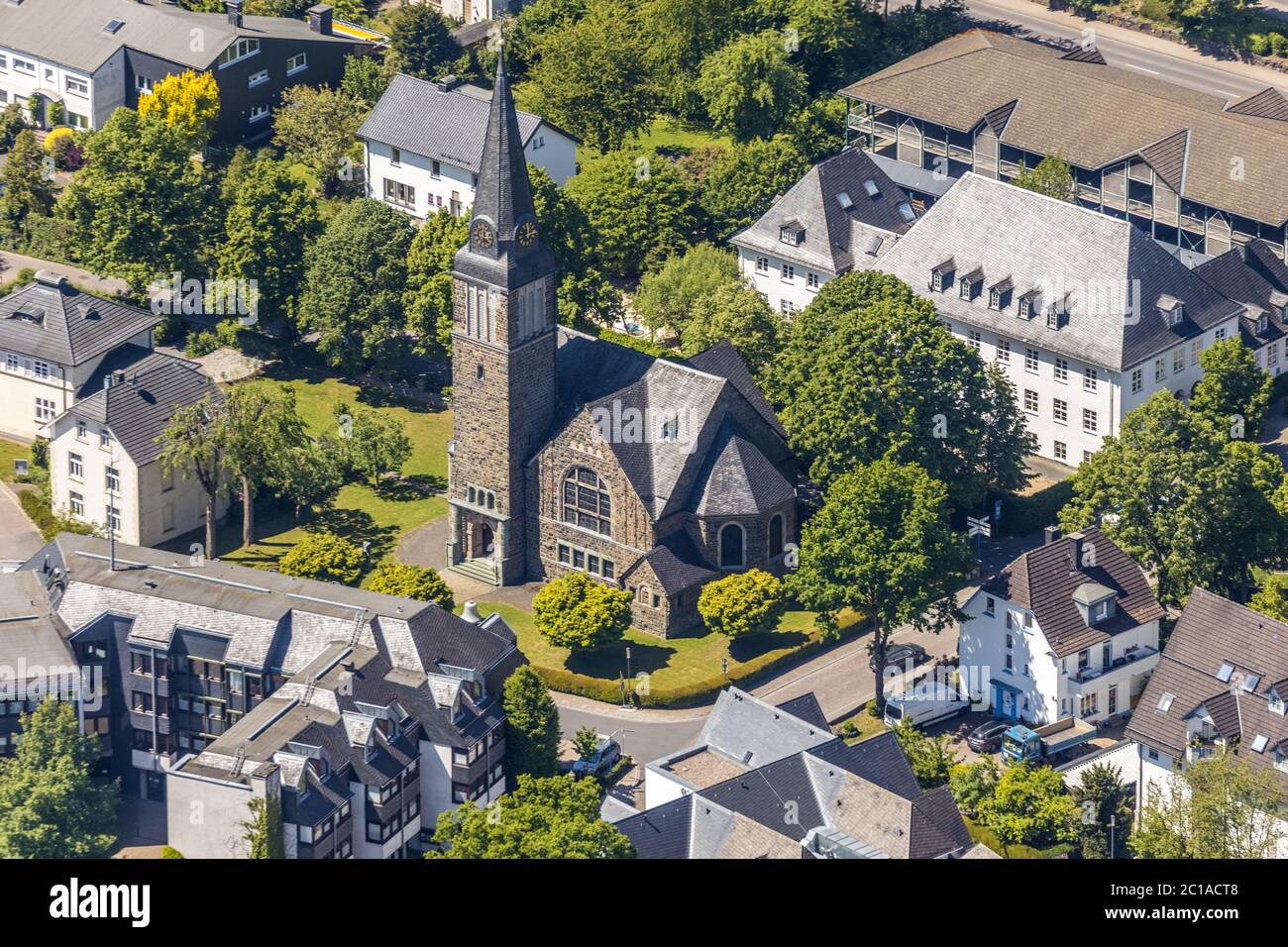 Aerial photograph, Church of the Redeemer, Attendorn, Sauerland, North Rhine-Westphalia, Germany, Place of worship, DE, Monument protection, Europe, R Stock Photo