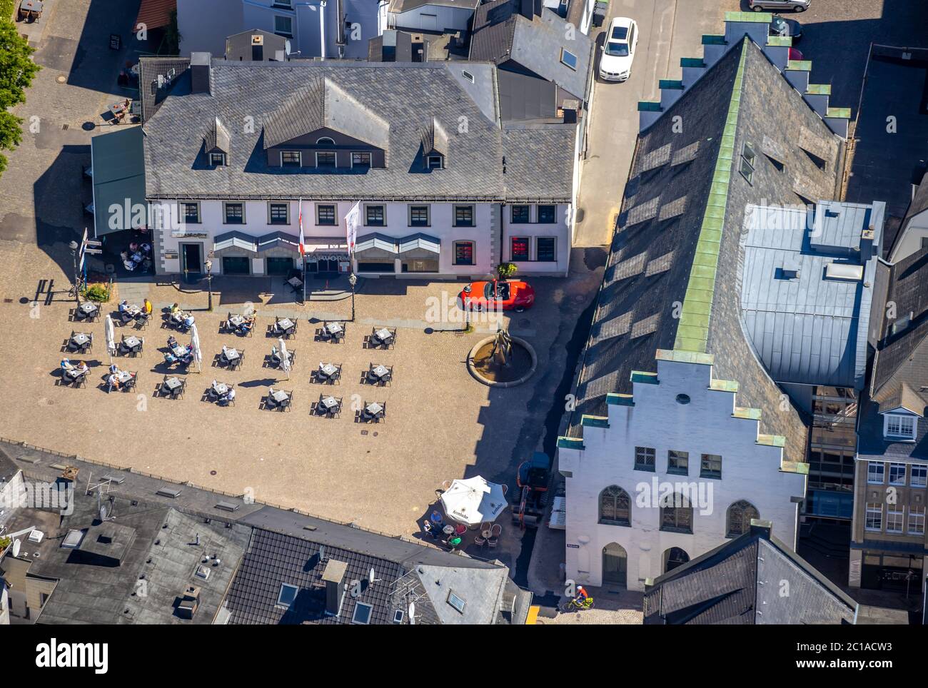 Aerial photograph, Alter Markt, gastronomy, Südsauerlandmuseum, Attendorn, Sauerland, North Rhine-Westphalia, Germany, outdoor gastronomy, corona cris Stock Photo
