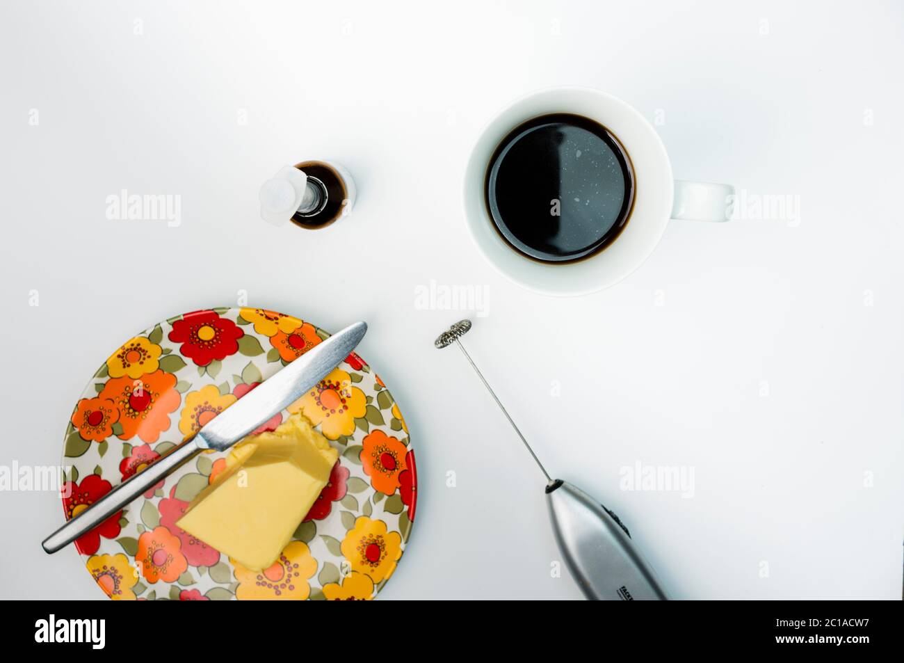 Ingredients of the energizing organic coffee made with butter and concentrated coconut oil to boost brain activity, Stock Photo