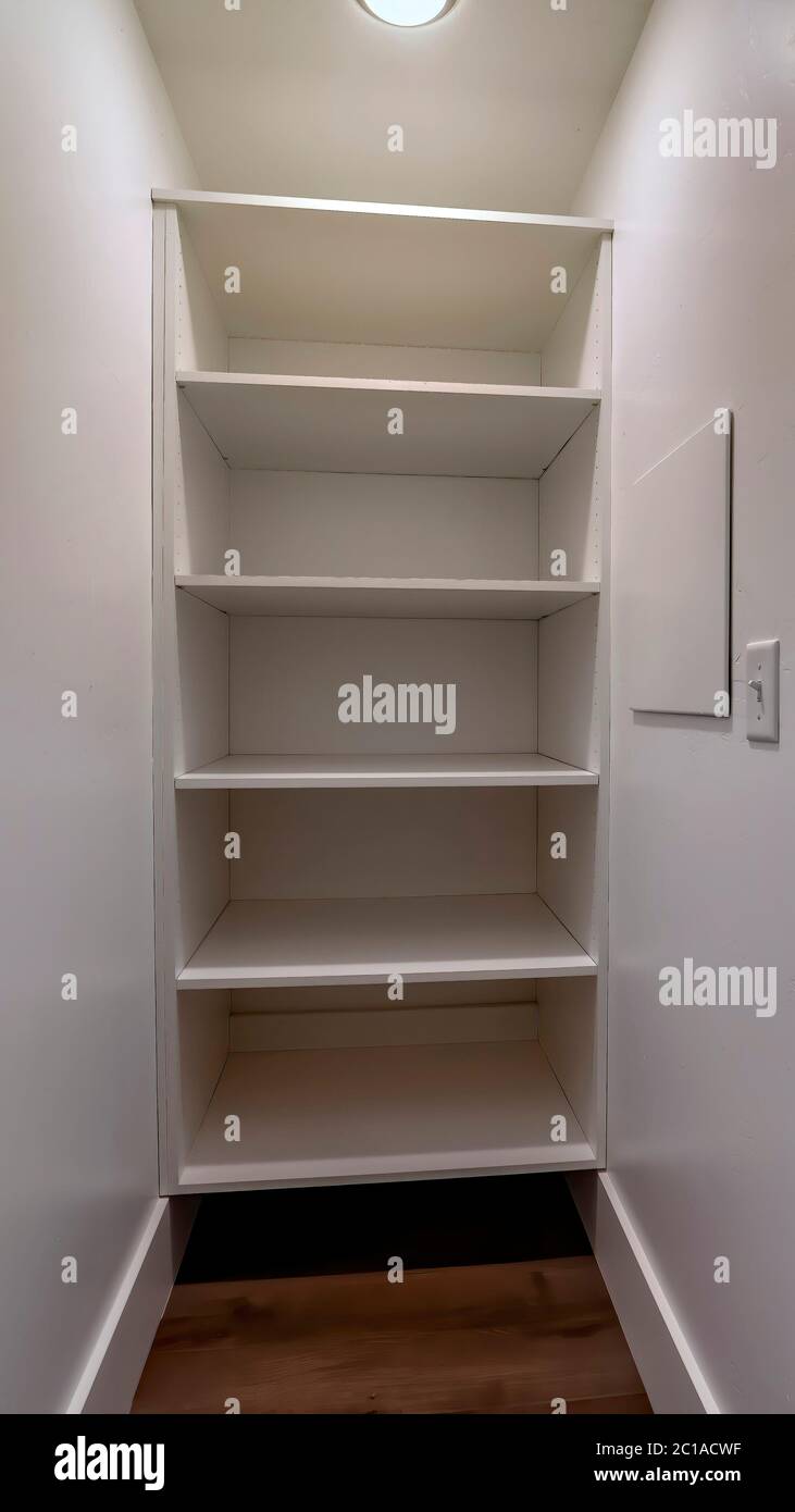 Vertical frame Walk in closet or pantry with empty wall shelves seen ...