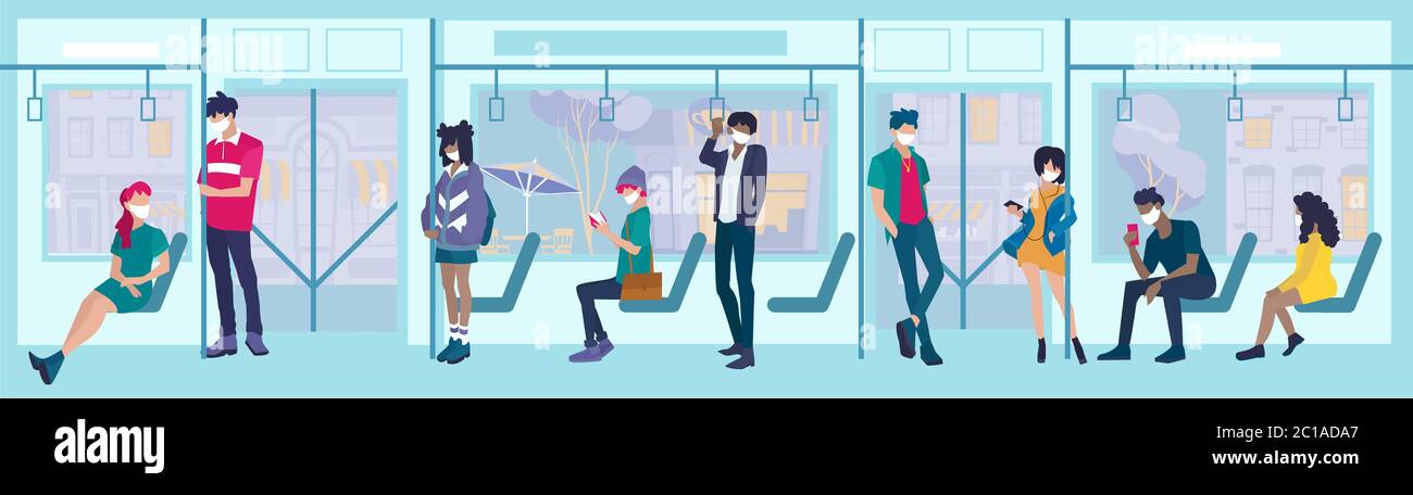 Vector of a group of people standing and sitting  in the subway bus in protective face masks Stock Vector