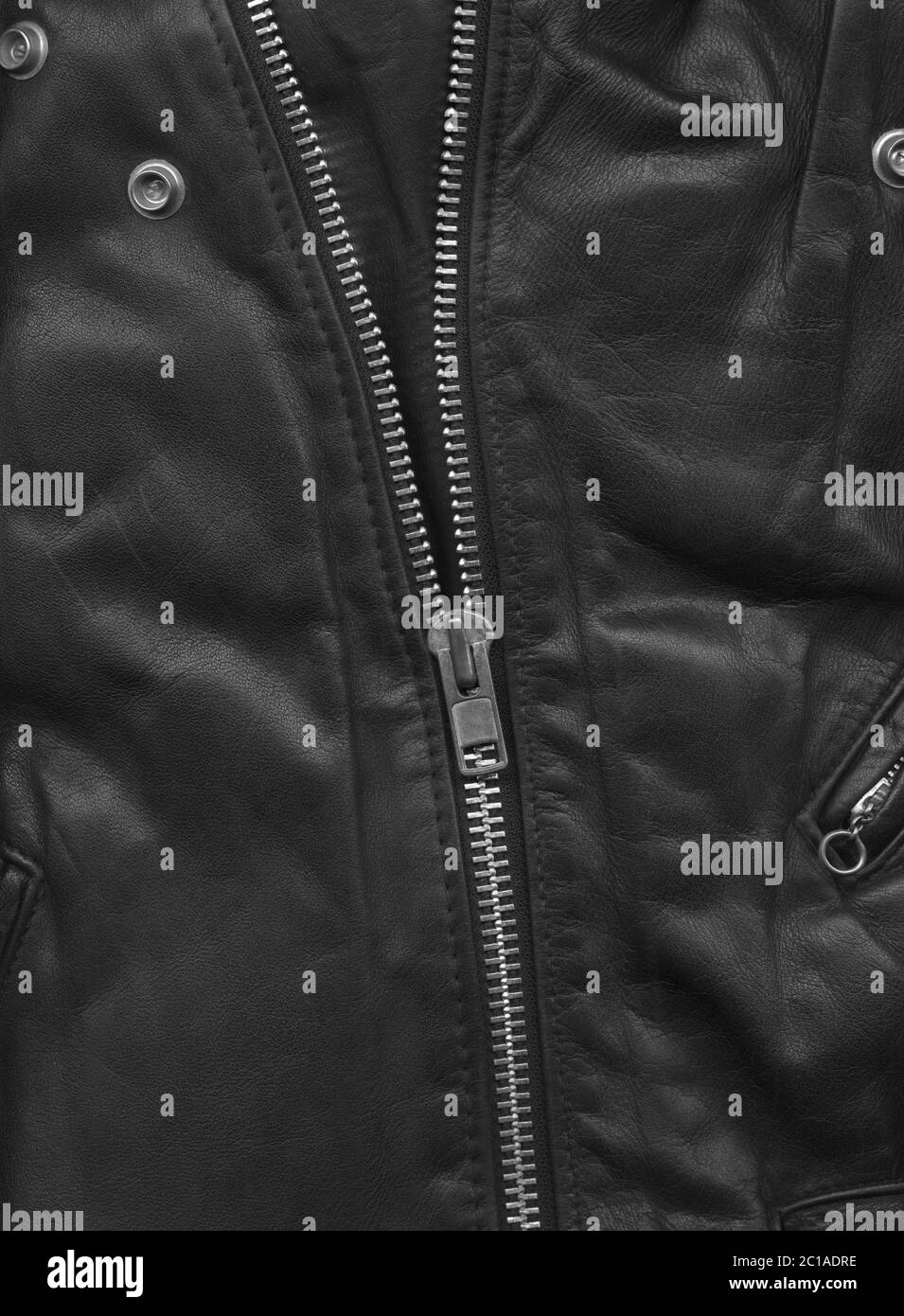 Black leather jacket close-up view. Texture Background Stock Photo