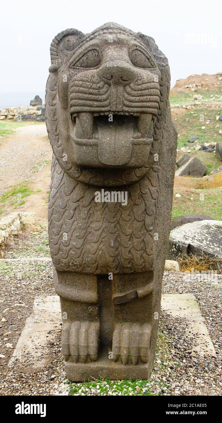 Basalt lion statue, Ruins of Ain Dara temple near Aleppo, Syria Stock Photo