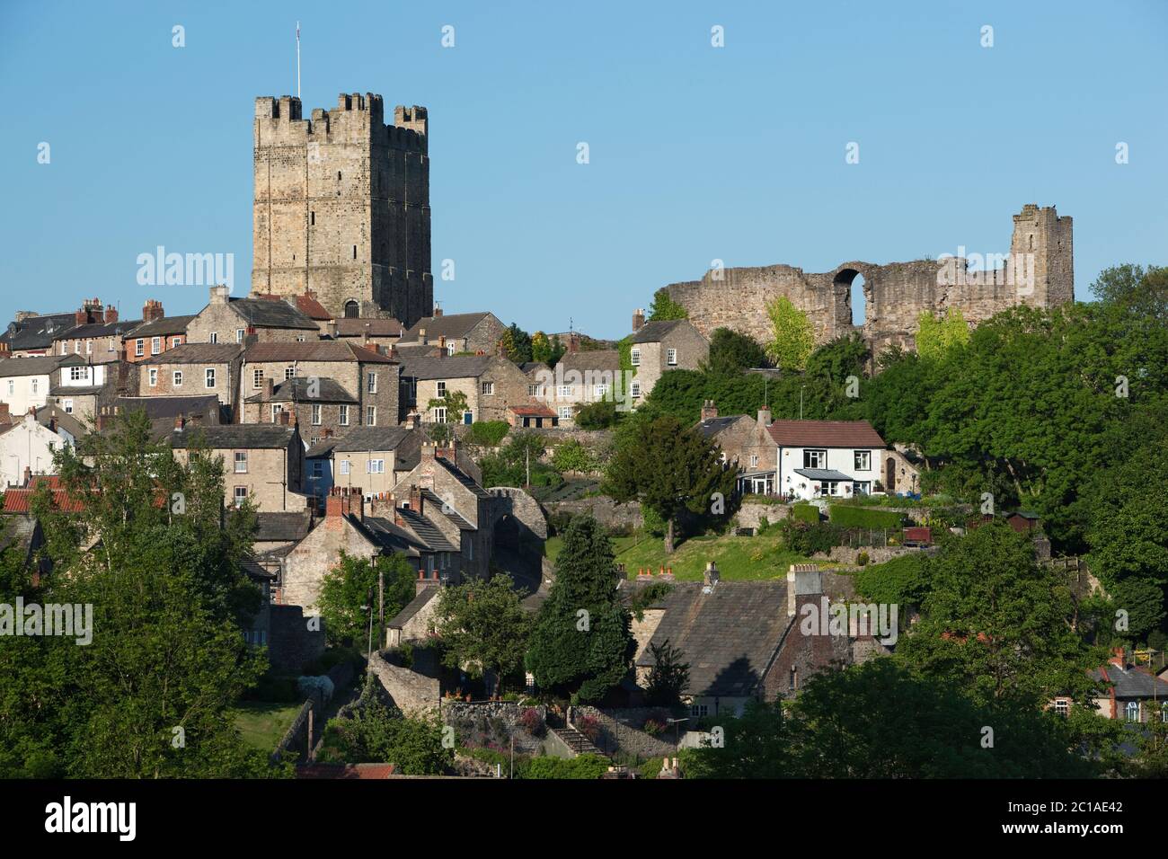 The Keep and walls of Richmond Castle and town, Richmond, North Yorkshire, England, United Kingdom, Europe Stock Photo