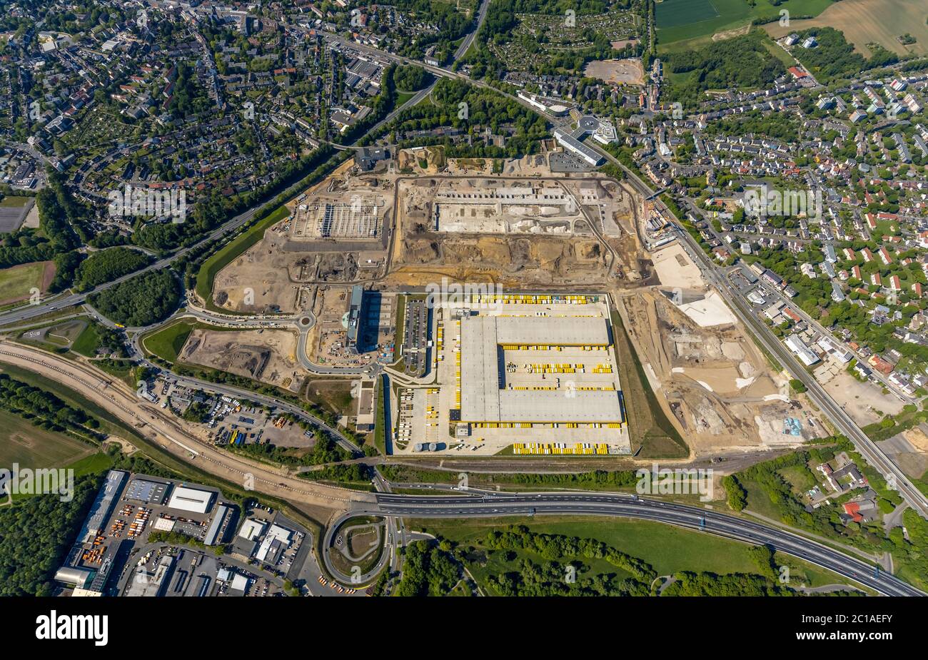 Aerial photograph, new building DHL Logistik Paketzentrum, former Opel site, former Opel administration building, Laer district, Bochum, Ruhr area, No Stock Photo