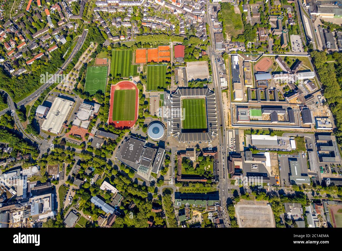 Aerial photograph, Bochum Prison, construction site, Krümmede 3, Vonovia Ruhr Stadium on Castroper Street, football stadium, Bochum, Ruhr area, North Stock Photo
