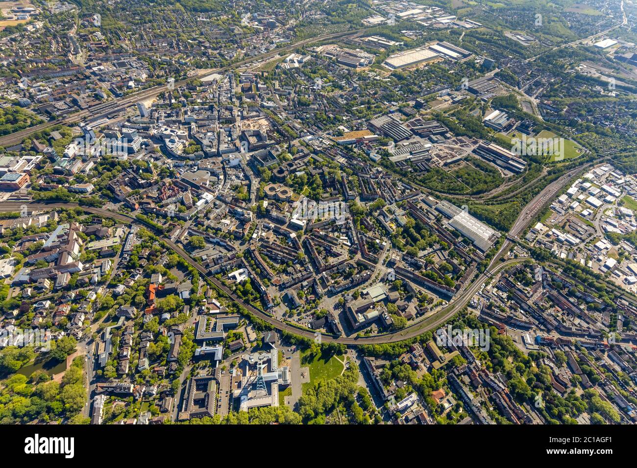 aerial view, city centre view, Bochum central station, Bochum, Ruhr area, North Rhine-Westphalia, Germany, old town, railway tracks, station, city, DE Stock Photo