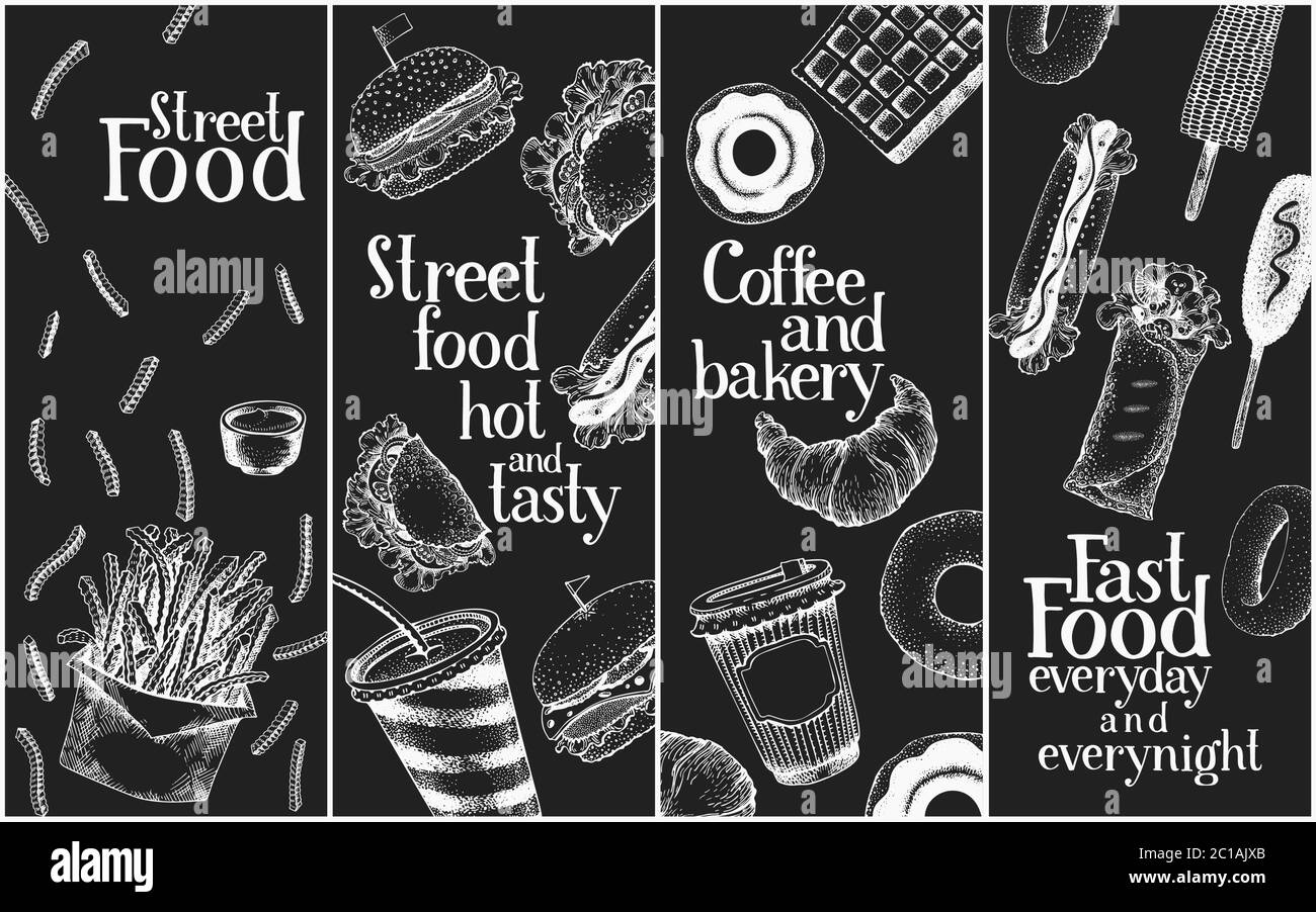 Hand drawn street food banners set. Vector fast food illustrations on chalk  board. Retro junk food background Stock Vector Image & Art - Alamy