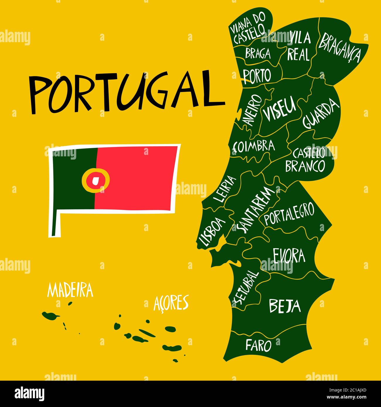 Vector hand drawn stylized map of Portugal. Travel illustration of Portuguese Republic regions shape with names. Hand drawn lettering illustration. Eu Stock Vector