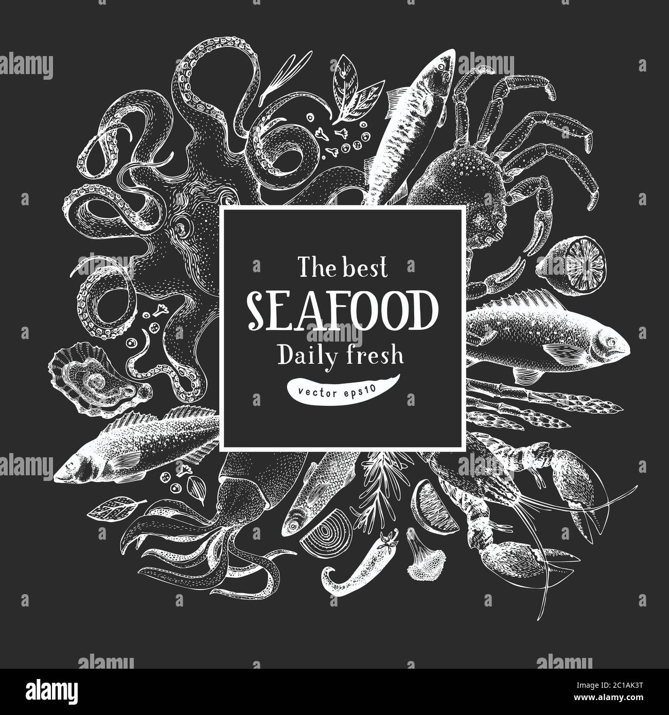 Hand drawn seafood design template. Vector crabsfishes and oystrers ...