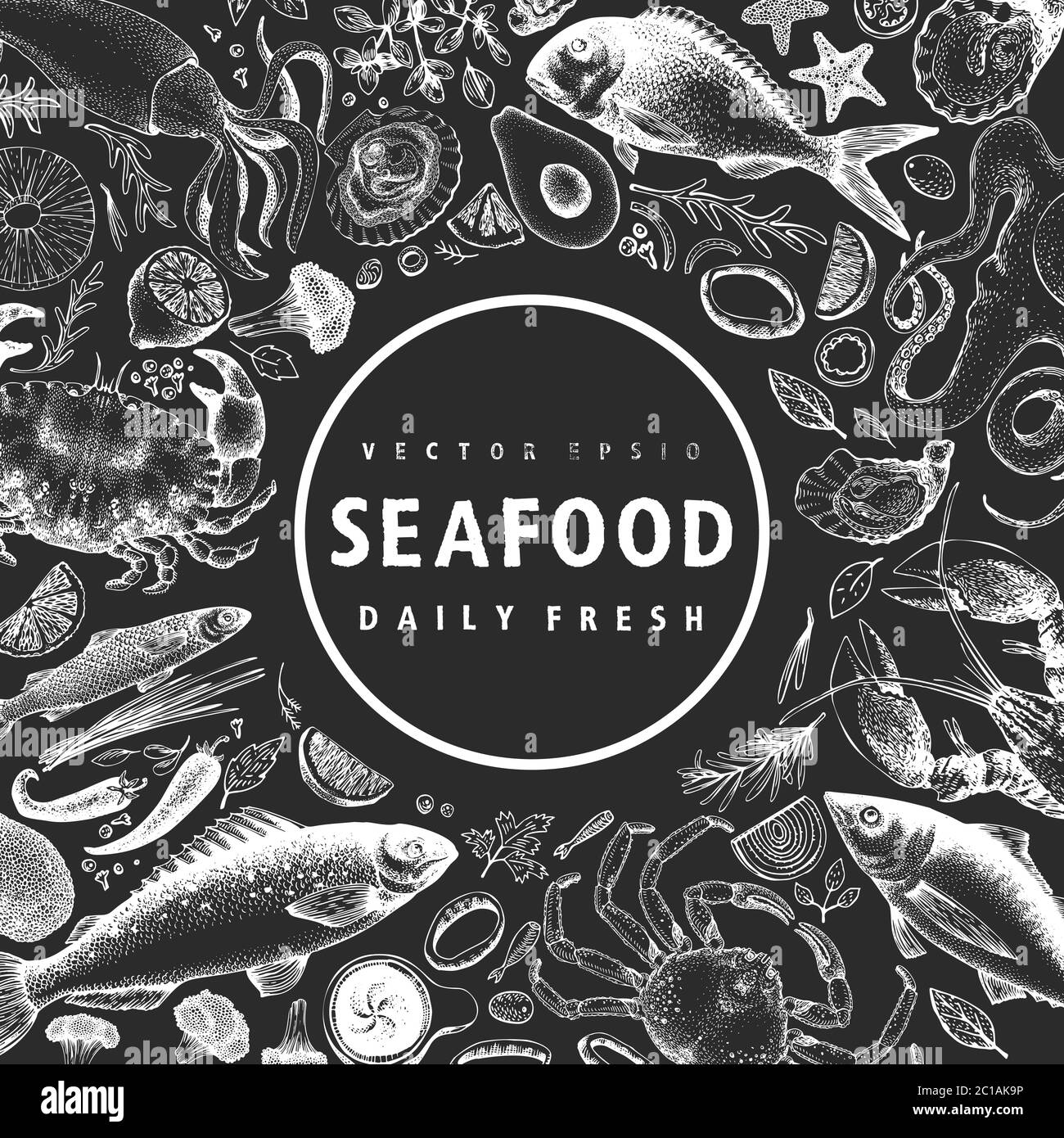 Hand drawn seafood design template. Vector crabsfishes and oystrers ...