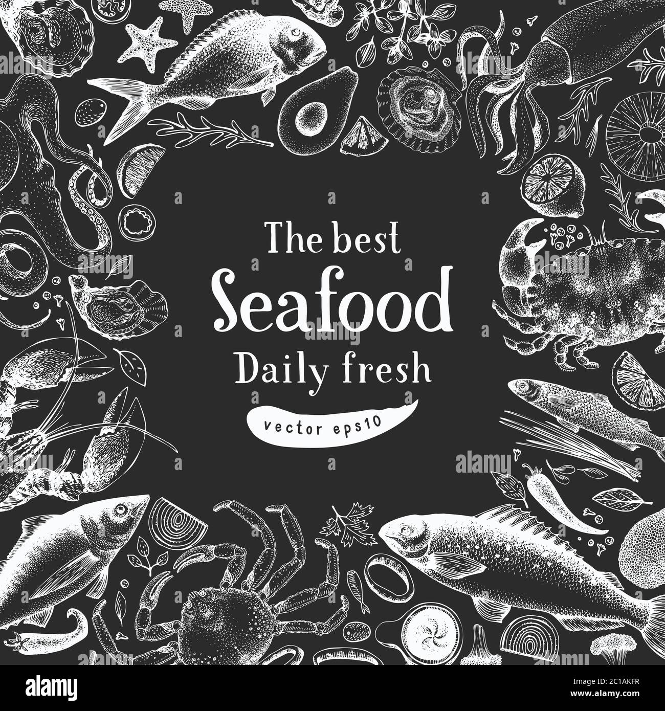 Hand drawn seafood design template. Vector crabsfishes and oystrers ...