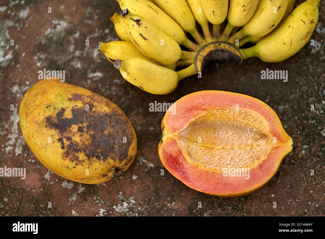 Colorful papayas and bananas Stock Photo