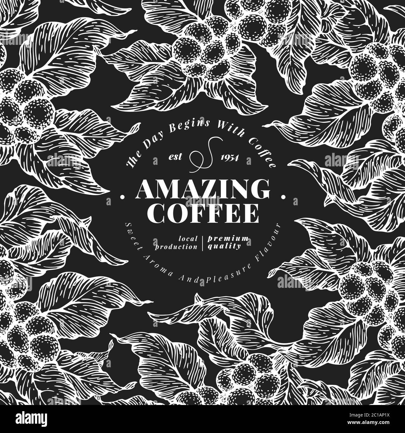 Hand drawn coffee design template. Vector coffee plants illustrations on chalk board. Retro