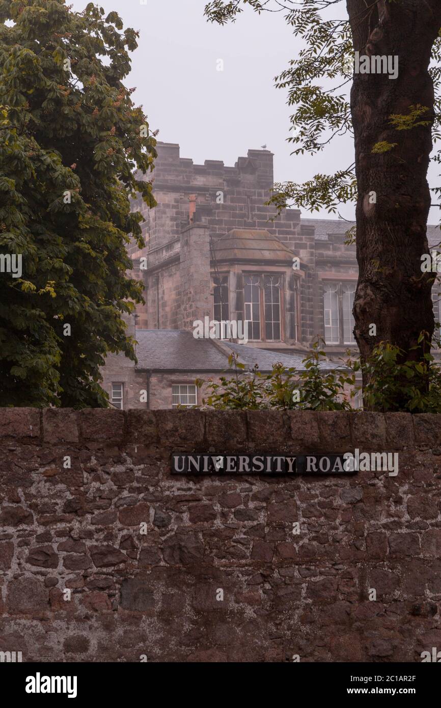 View of King's College in the University of Aberdeen in the fog, Scotland Stock Photo