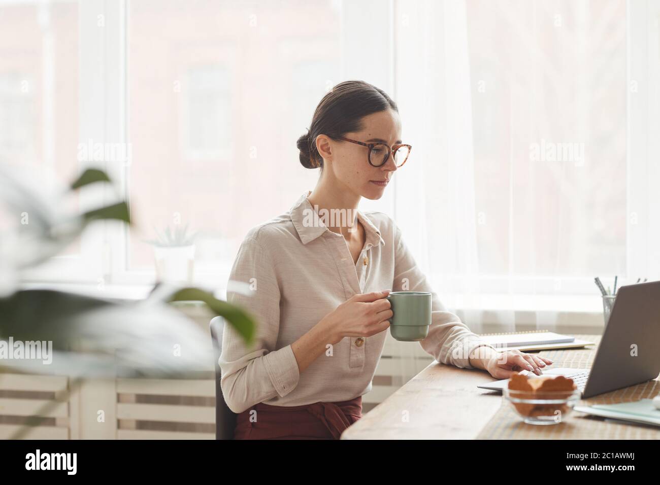 Side view portrait of elegant businesswoman wearing glasses while using laptop at cozy home office workplace Stock Photo