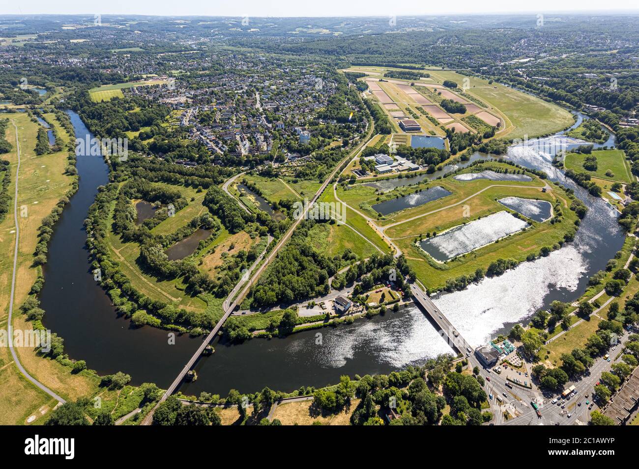 Aerial view, river Ruhr, local view Überruhr-Hinsel, Ruhrschleife, Wassergewinnung Essen GmbH, Essen, Ruhr area, North Rhine-Westphalia, Germany, DE, Stock Photo