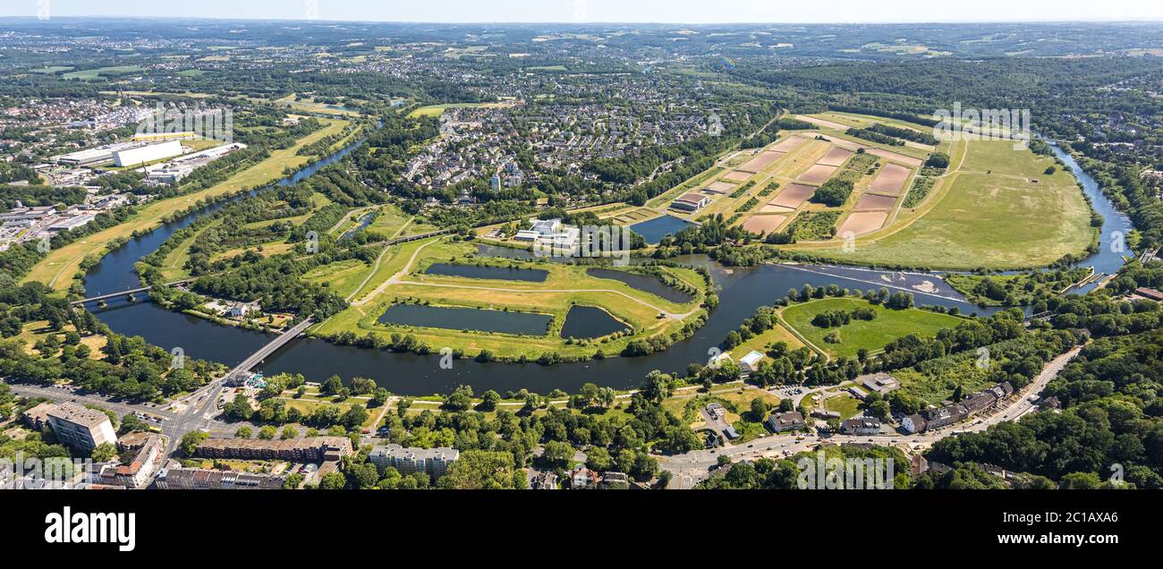 Aerial photograph, River Ruhr, Local view Überruhr-Hinsel, Ruhrschleife, Wassergewinnung Essen GmbH, Essen, Ruhr area, North Rhine-Westphalia, Germany Stock Photo