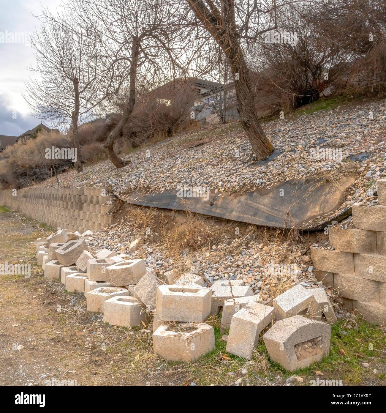 Square crop Conctere blocks of a collapsed low retaining wall lining a ...