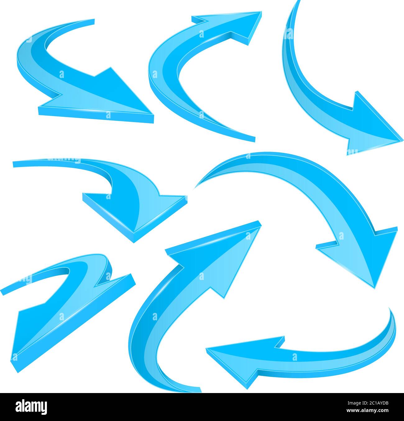 Blue shiny 3d arrows. Curved signs Stock Vector