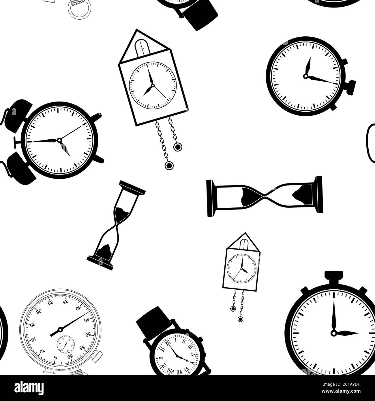 Time background. Black flat seamless pattern Stock Vector