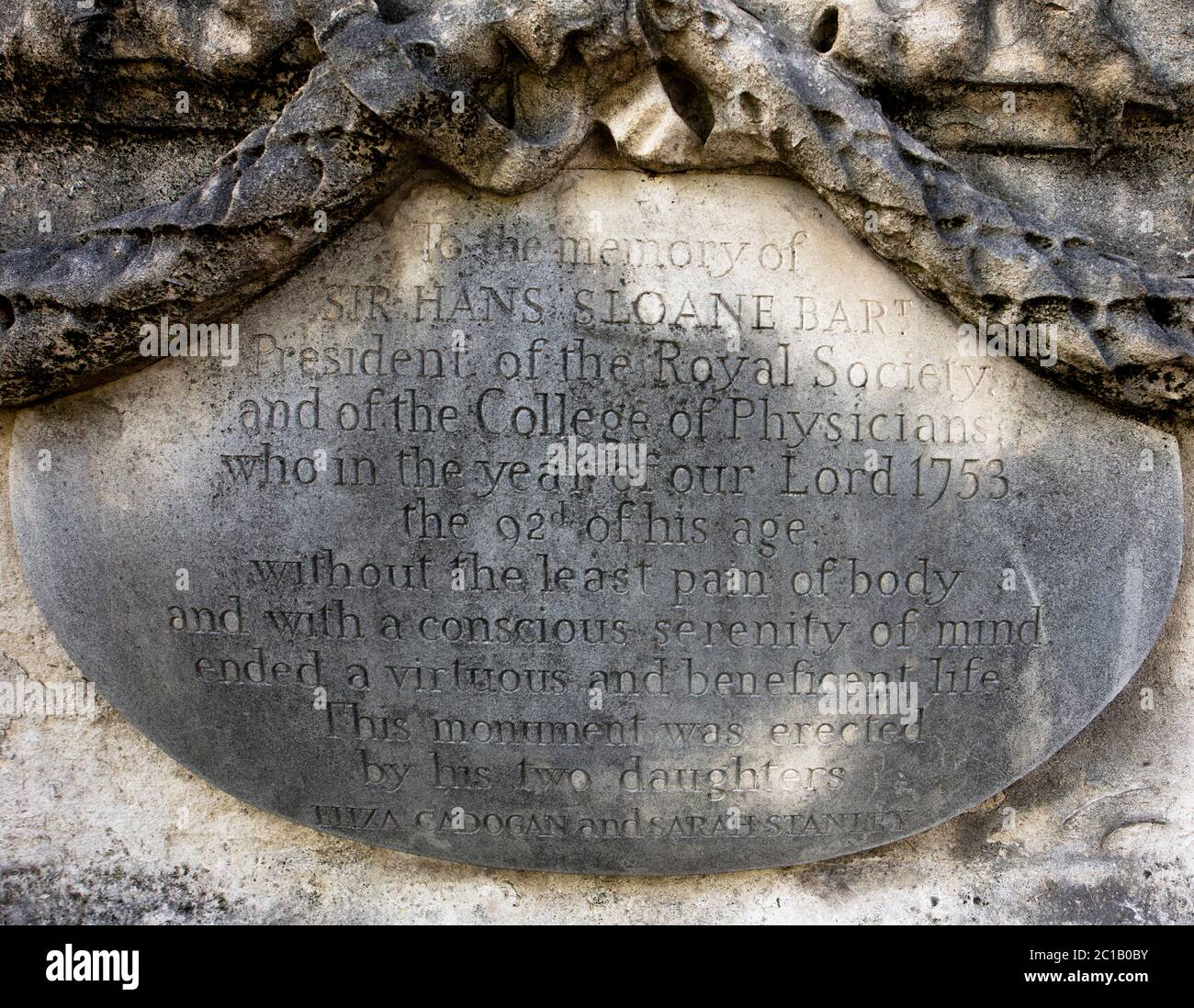 Memorial inscription on the tomb of Sir Hans Sloane, Bart., President ...