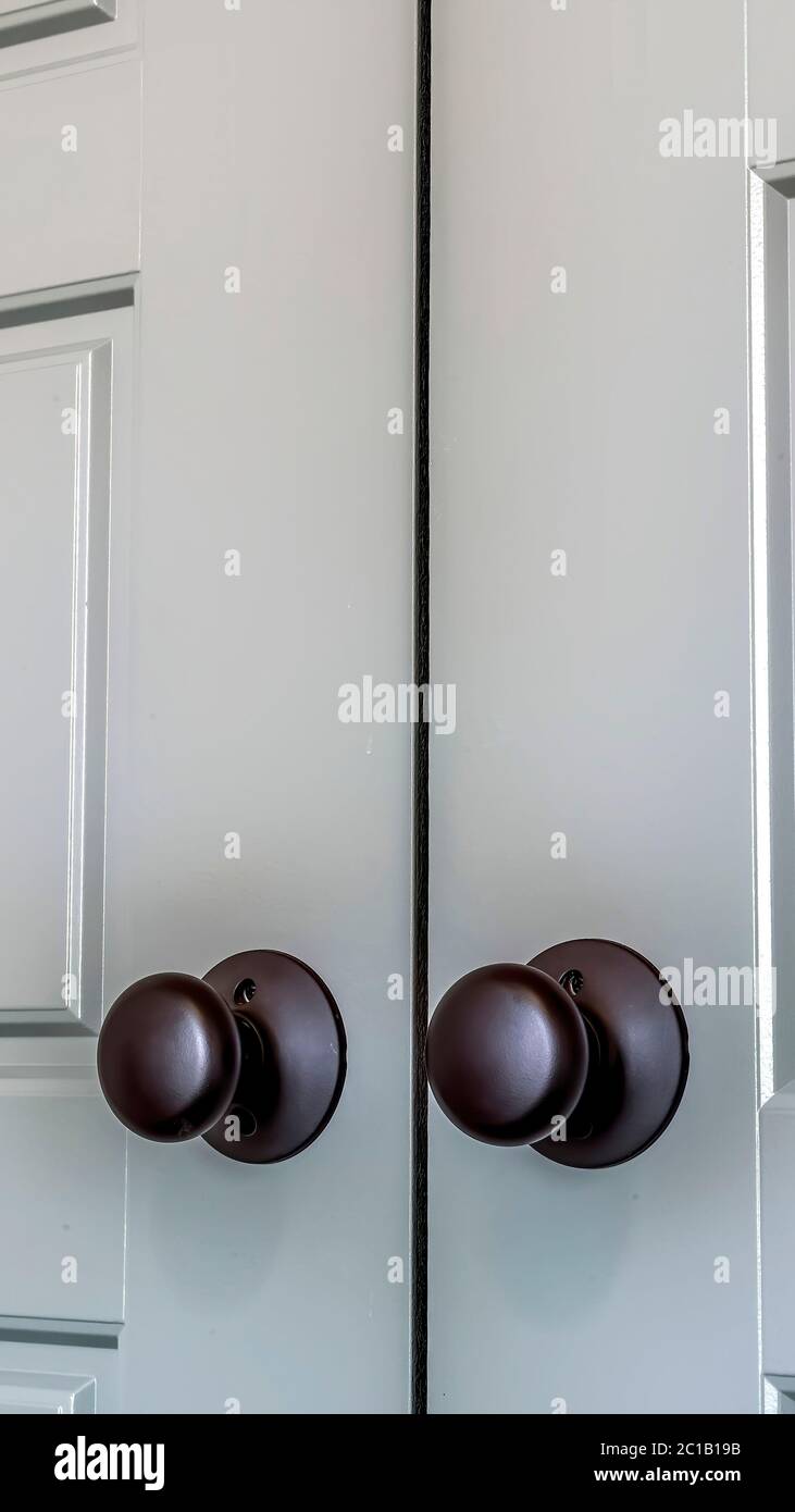 Vertical Matte black round door knobs of a double door with paneling