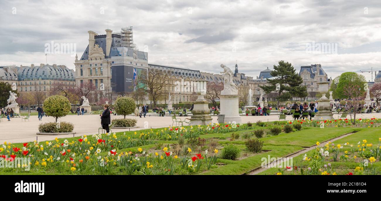 Spring in Garden of the Tuileries which is one of most famous parks in Paris, France Stock Photo