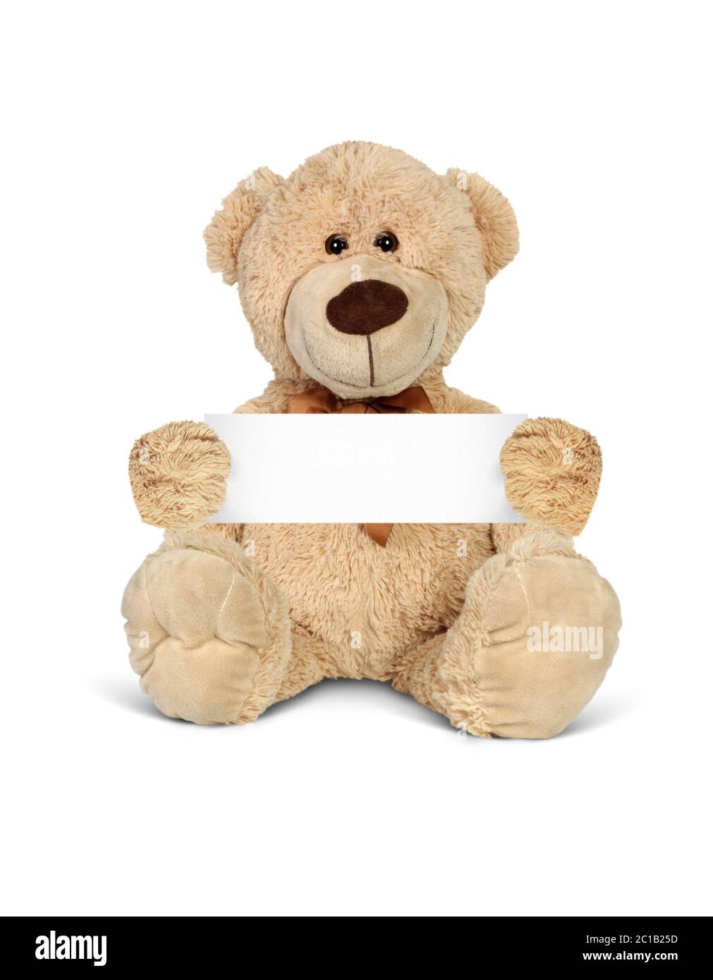 Toy bear hold empty card, with message, isolated on white. Stock Photo
