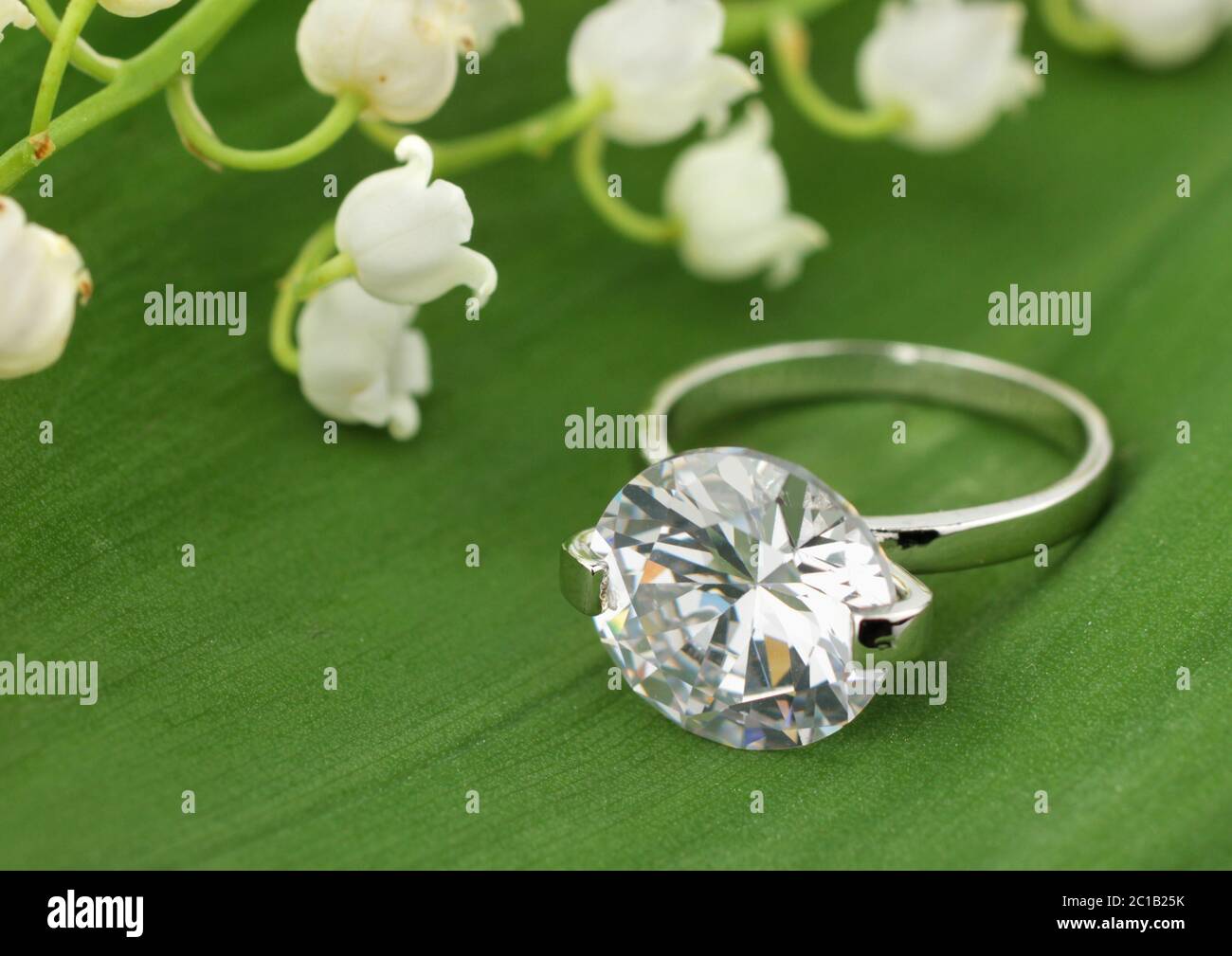 Jewelry ring with big diamond on green leafs background Stock Photo