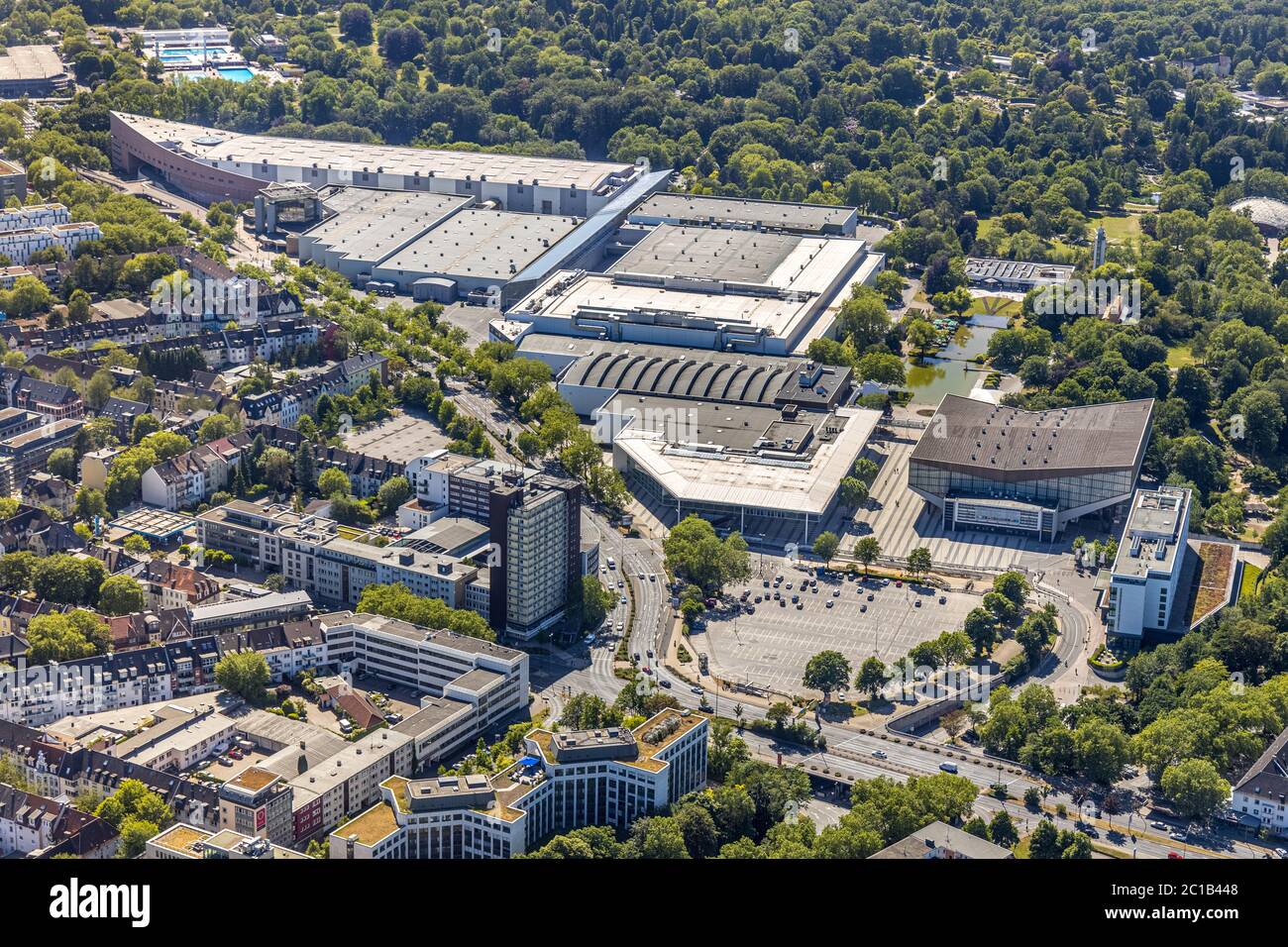 Aerial photograph, Messe Essen, Grugahalle, ATLANTIC Congress Hotel Essen, Essen, Ruhr Area, North Rhine-Westphalia, Germany, DE, Europe, gastronomy, Stock Photo