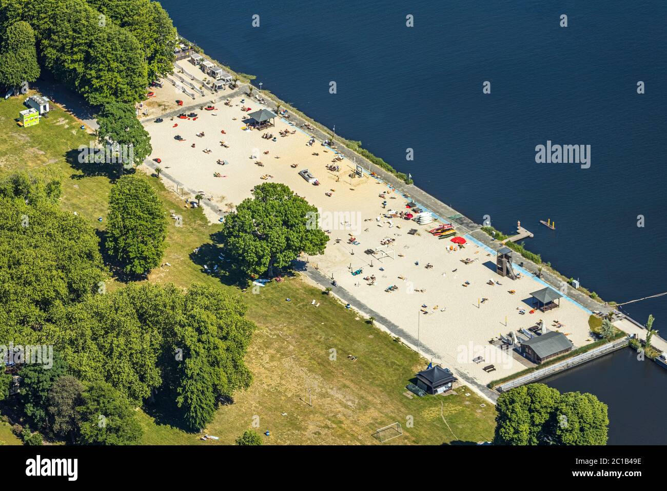 Aerial photograph, Seaside Beach Baldeney, Essen, Ruhr area, North Rhine-Westphalia, Germany, Corona measures, DE, adventure pool, Europe, river Ruhr, Stock Photo