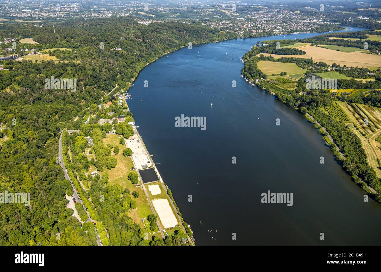 Aerial photograph, Seaside Beach Baldeney, Essen, Ruhr area, North Rhine-Westphalia, Germany, Corona measures, DE, adventure pool, Europe, river Ruhr, Stock Photo