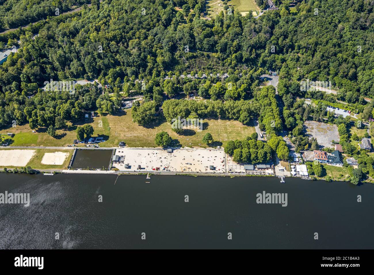 Aerial photograph, Seaside Beach Baldeney, Essen, Ruhr area, North Rhine-Westphalia, Germany, Corona measures, DE, adventure pool, Europe, river Ruhr, Stock Photo