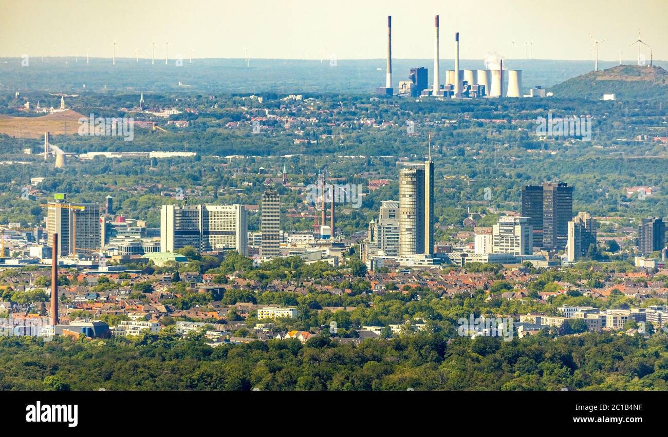 Aerial view, skyline Essen, view to the north over city centre with city hall Essen and RWE tower, to Uniper power plants and wind park Halde Oberscho Stock Photo