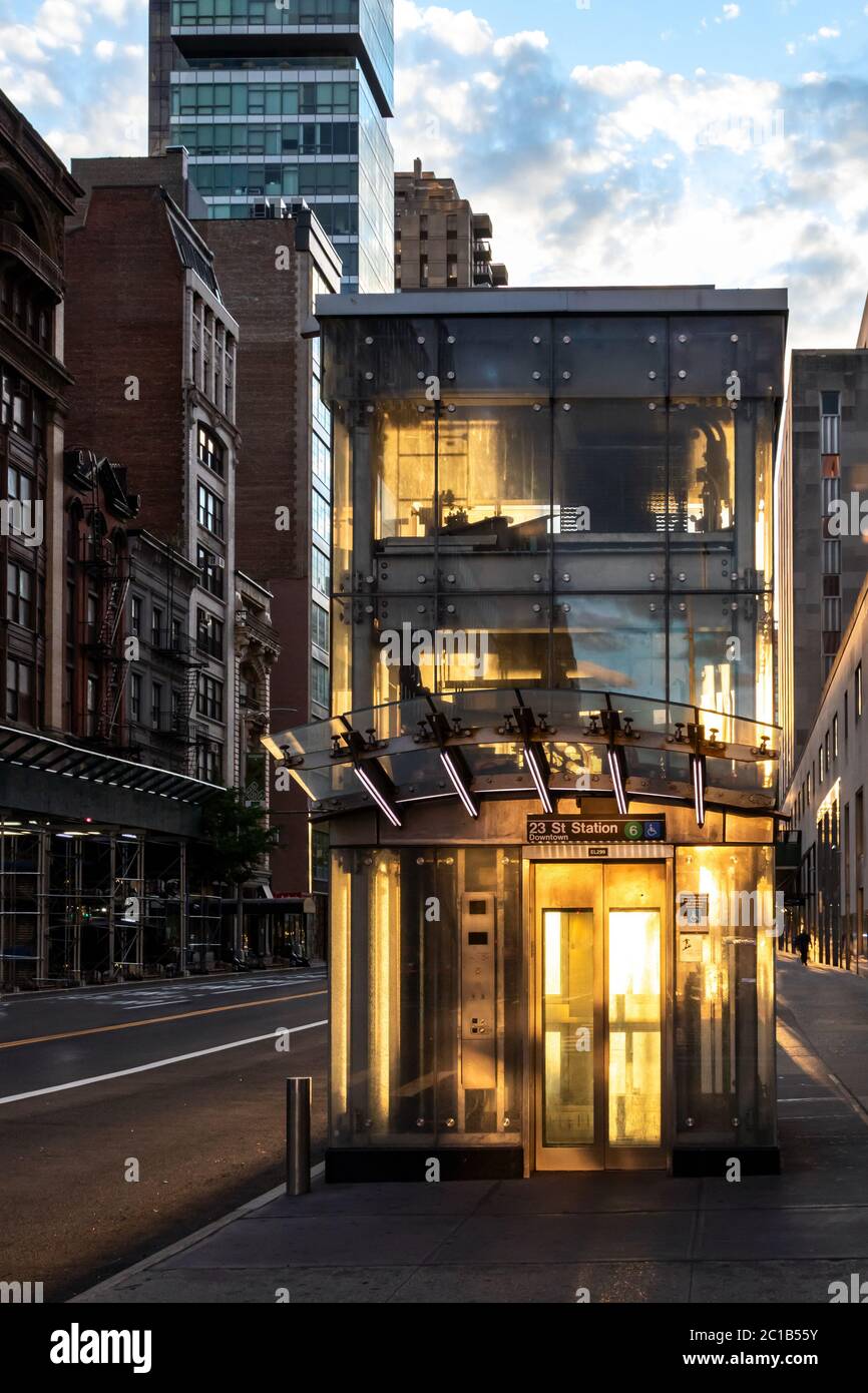 New York City subway station elevator is glowing with the light of