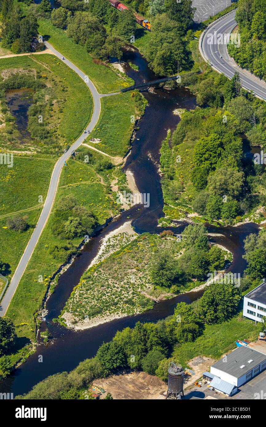 Aerial photograph, Lennepark, River Lenne, Bikepark Finnentrop, Finnentrop, Sauerland, North Rhine-Westphalia, Germany, DE, Europe, Leisure, Leisure f Stock Photo